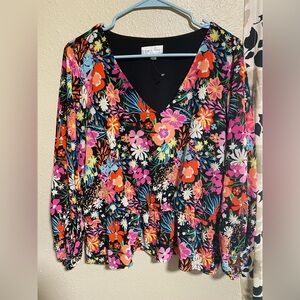 Grace & Lace Black Multicolor Floral V-Neck Peplum Blouse